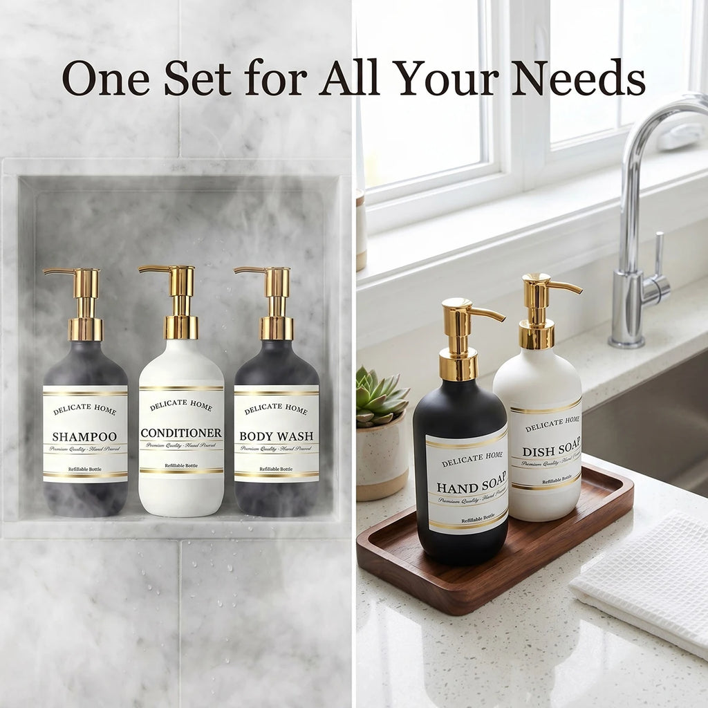 Set of 5 Refillable Shampoo Bottles 500ml Black White Plastic Shower Dispensers for Conditioner Body Wash Lotion Hand Soap Qme