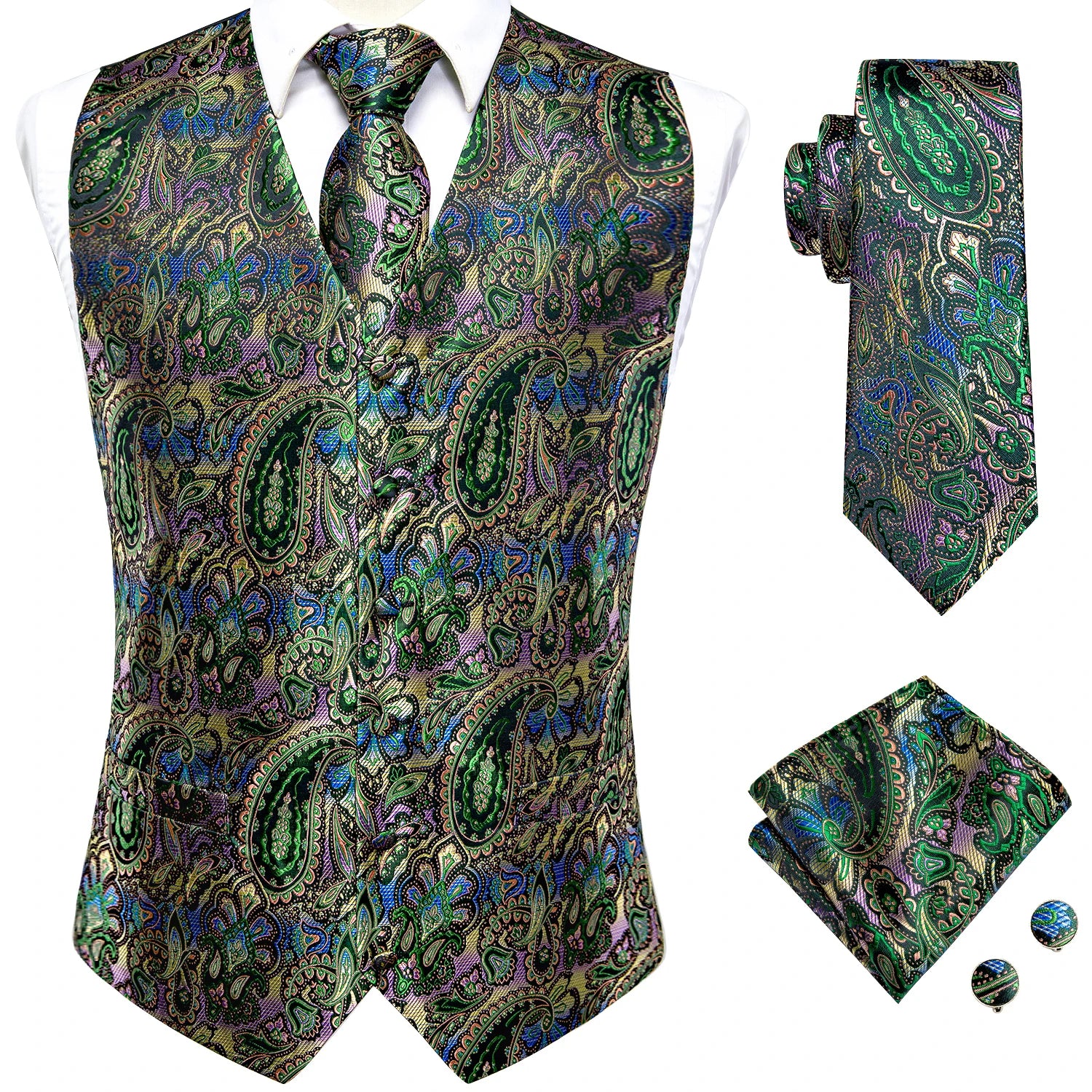 Hi-tie Mens Suit Vests Necktie Hankerchief Cufflinks Silk Slim Fit Qme 0037 L