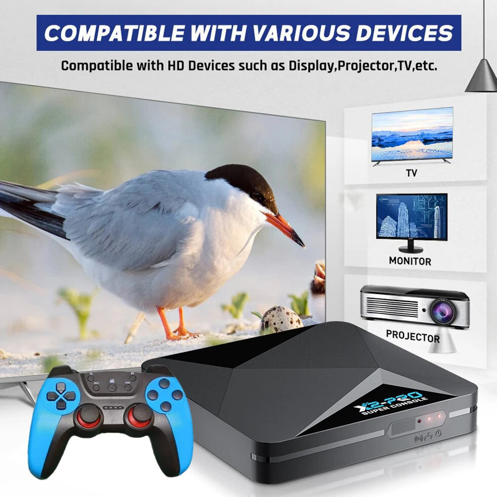 X2 Pro Retro Video Game Console TV Box 65000+ Games with 2 Gamepads Super Console 4K 60+ Game Emulators for DC/Arcade/MAME/Sega Qme