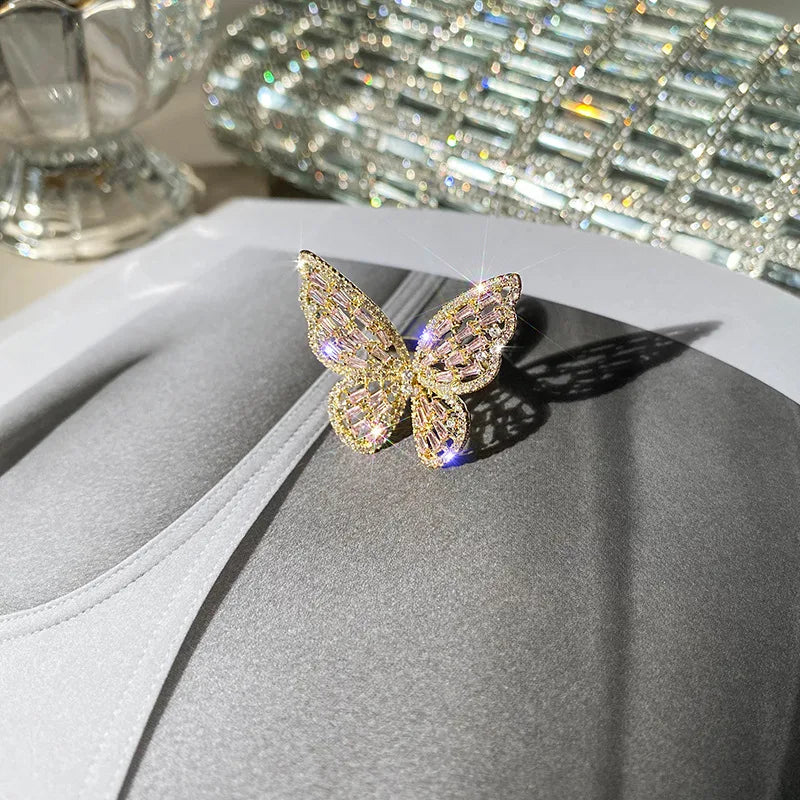 Luxury Sliver Color Zircon Multi Butterfly Open Ring for Women Exaggerated Personality Adjustable Finger Ring Cocktail Jewelry Qme Gold pink resizable