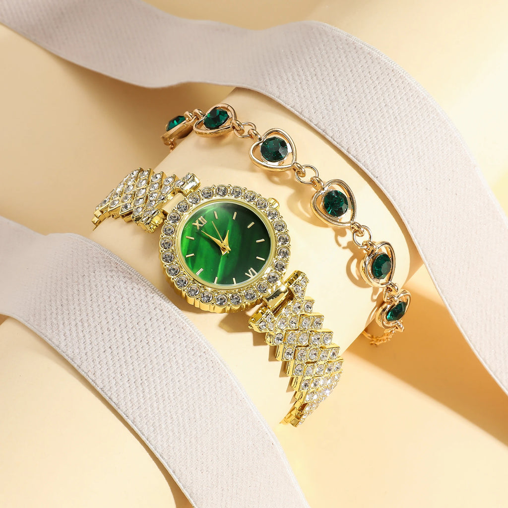 Steel Quartz Watch with Female Simple Fashion Bar Dial + Diamond Love Bracelet Set 6 Units/Set Qme