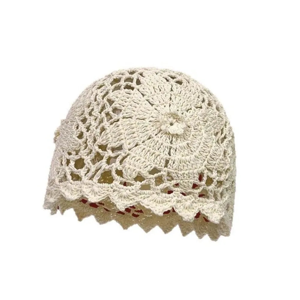 Handmade Crochet Flower Hat Bohemian Style Thin Hollow Out Knitted Hat Ethnic Style Korean Beanies Hat Apparel Accessories Qme Beige