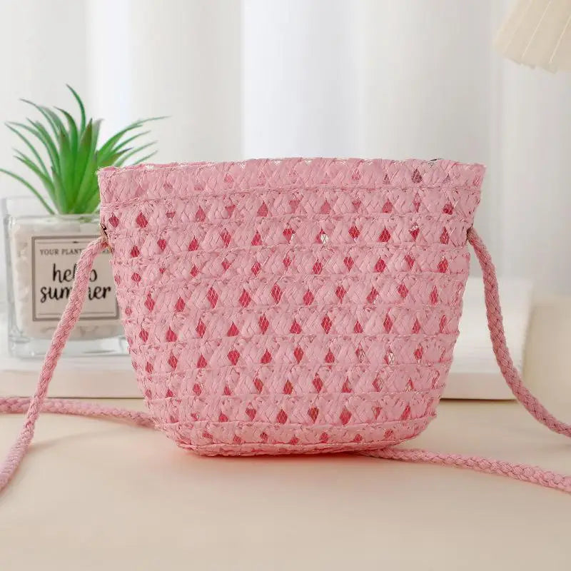 Hollow Handwoven Shoulder Handbag Mini Straw Bag Crossbody Bag Kid Summer Beach Straw Bag Envelope Wallet For Wowen Girls Qme Pink