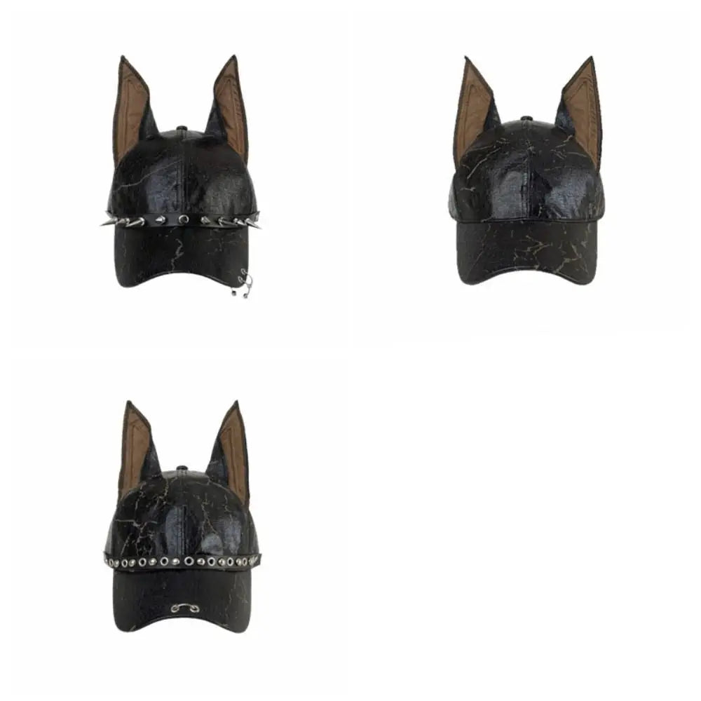 Multifunction Solid Dog Ears Baseball Cap PU Punk Style Leather Baseball Cap Sunshade Adjustable Sunshade Hat Spice Girl Qme