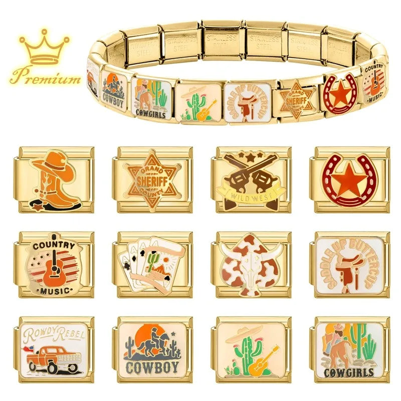 2026 New Golden Cowboy Horse Cowgirls Boots Hat Guitar Star Car Italian Charm Fit 9mm Stainless Steel Bracelet Jewelry DIY Gifts Qme