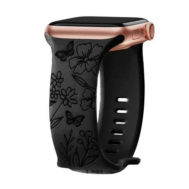 Floral Engraved Strap For Apple Watch Band 40mm 44mm 41mm 49mm 45mm 38mm 42mm silicone bracelet iwatch series 9 7 se 6 8 ultra 2 Qme Butterfly Black 38mm 40mm 41mm