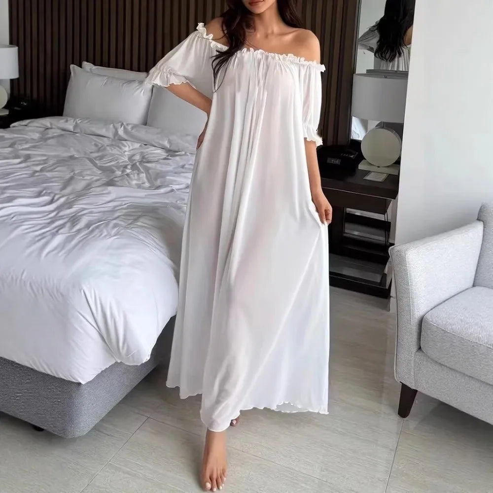 Home Dress Off Shoulder Sheer Nightgown V-neck Ruffle Mesh Nightdress Qme