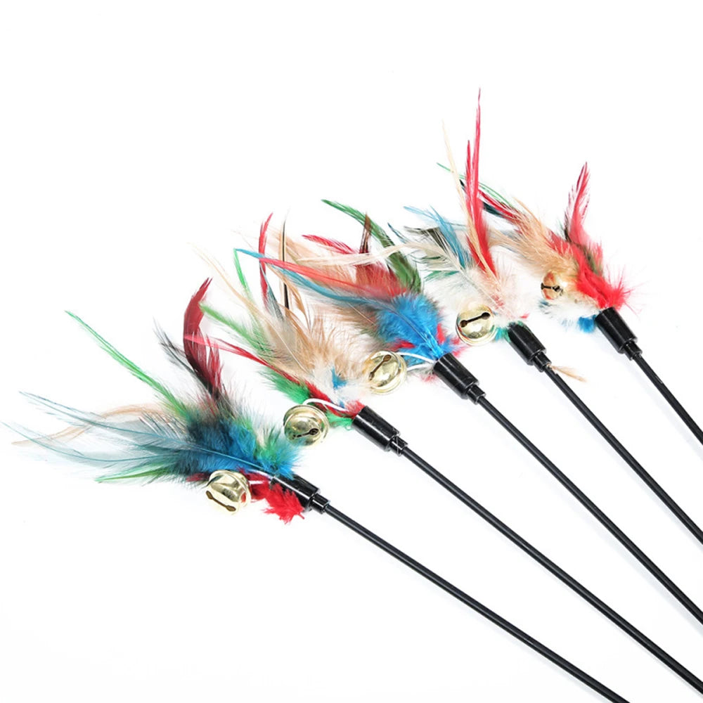 5pcs/set Cat Interactive Wand Colorful Feather Chicken Feather Cat Stick Bell Portable Creative Fashion Novelty Pet Cat Supplies Qme