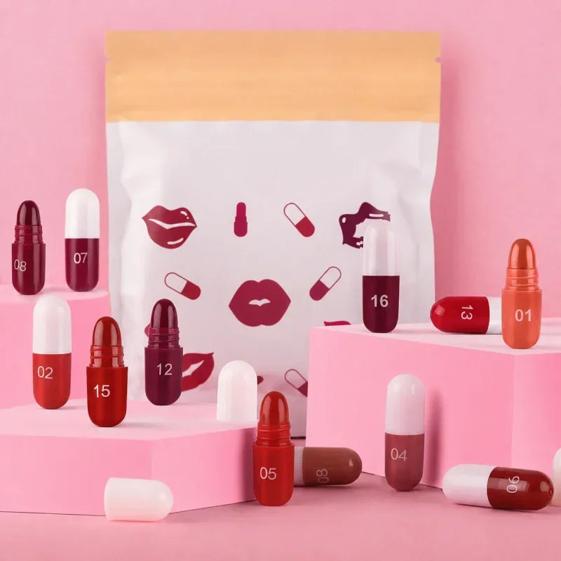 18-Color Mini Lipstick Set Matte Long-Lasting Lip Gloss Combination Capsule Lipstick Waterproof Lip Liner Portable Travel Style Qme
