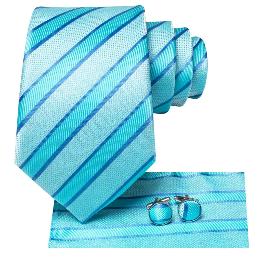 Hi-tie Men Fashion Striped Blue Necktie Handkerchief Cufflinks Tuxedo Qme