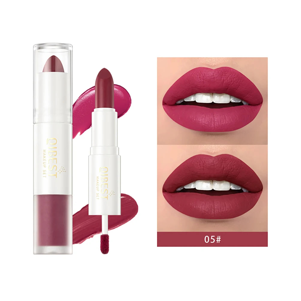QIBEST 2 in 1 Long-lasting Matte Lipstick Sexy Red Lipstic Velvet Lipgloss Women Waterproof Nude Lip Tint Girl Fashion Makeup Qme 05