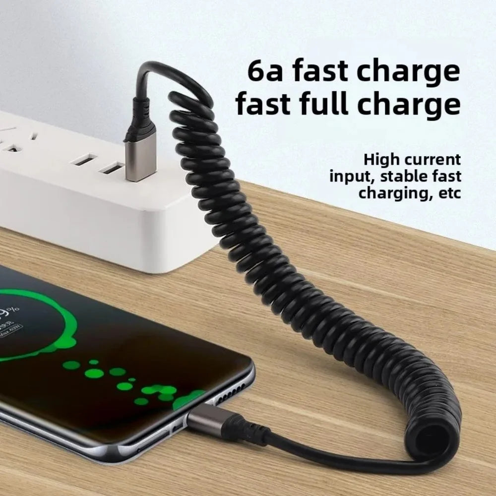 66W 1M Type C To Type C Car Spring Data Cord 6A Short Fast Charging USB C Cable For iPhone 15 Xiaomi Samsung Portable Short Wire Qme