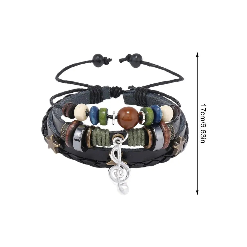 Handmade Hippie Design Brown Leather Bracelet Women Metal Star Note Charms Wood Button Beads Wrap Unisex Adjustable Bracelet Qme