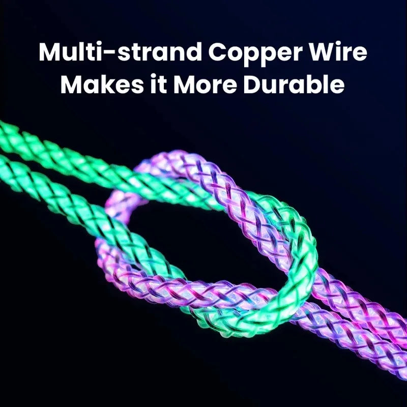 RGB Flowing LED Data Cable Breathing Gradient PD66W for iPhone Samsung Huawei Dual Type C Android Fast Charging Cord Qme