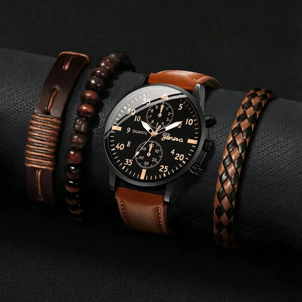 4-piece men's versatile fashion watch set, business binocular quartz watch set Qme