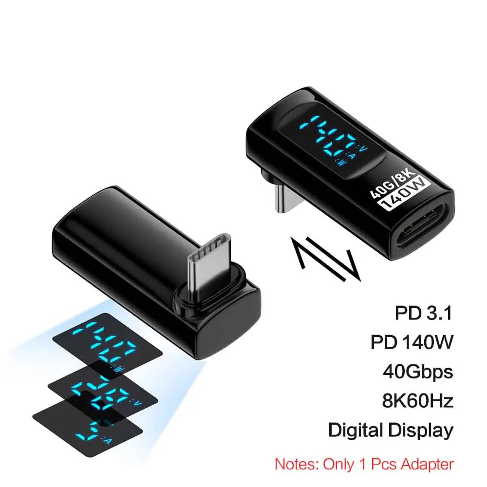 USB 4 Type C Adapter 40Gbps 140W 90 Degree USB C Adapter for Thunderbolt 4 3 Cable Connector Right Angle U Shape Digital Display Qme black LW