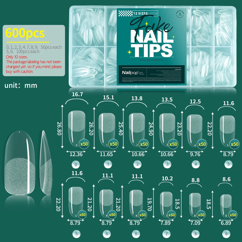 Nailpop False Nails 10 12 Sizes Full Cover Tips Clear Durable Qme M-Oval-600