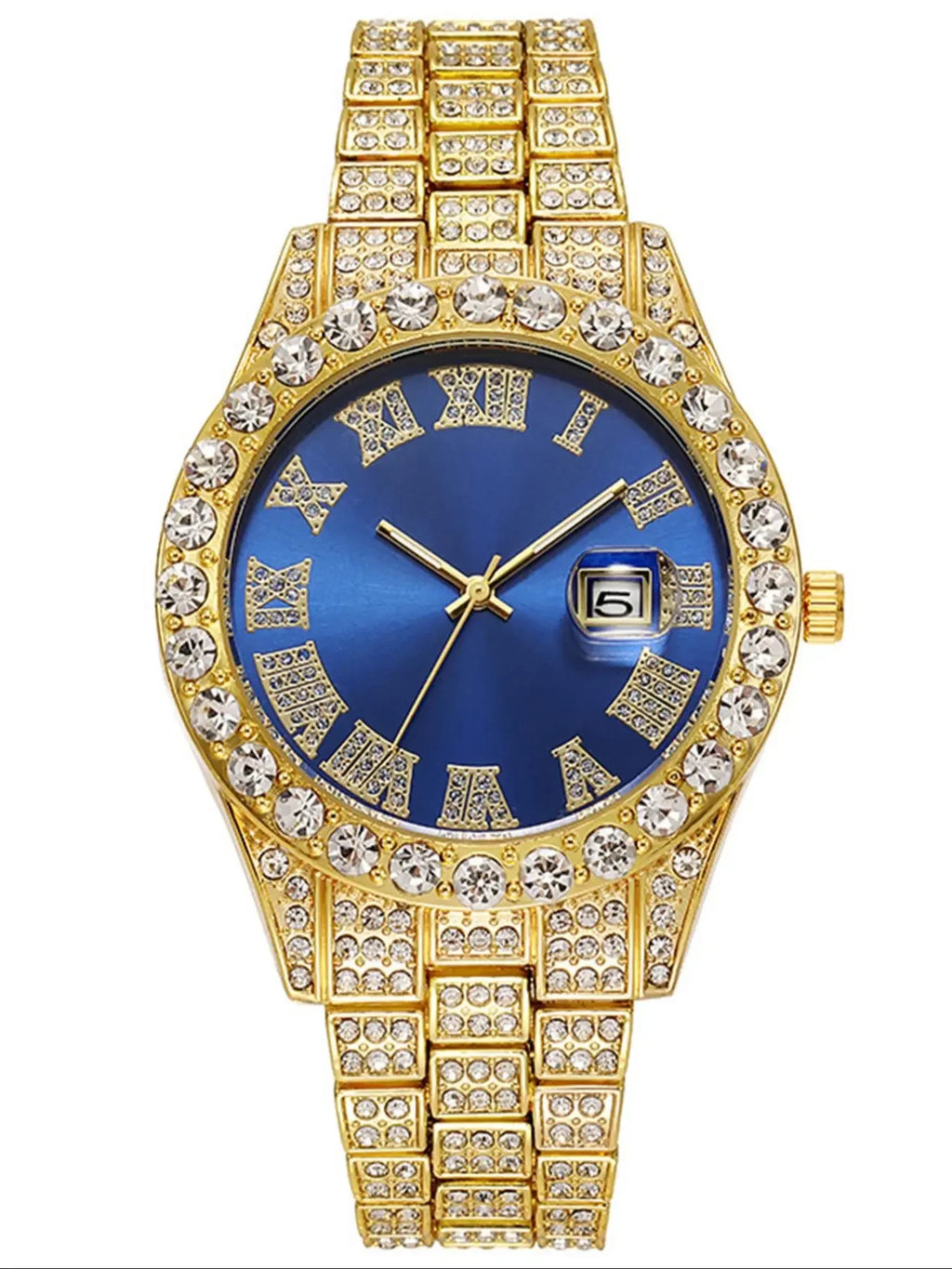 Gold Full Diamond Roman Calendar Men Watch With Cross Necklace Bracelets Qme