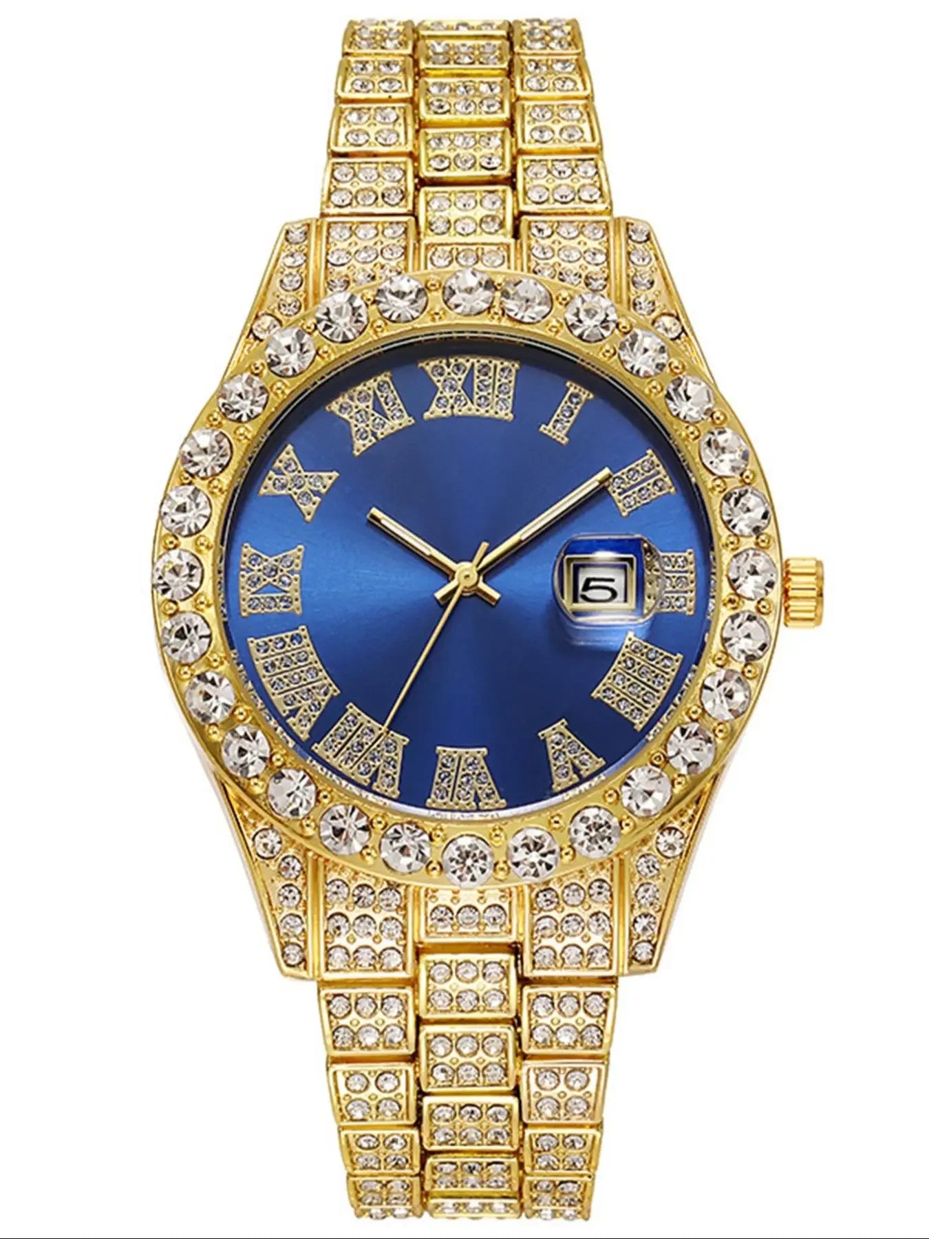 Men's Full Diamond Gold Watch and Jewelry Combo Set, Iced Out Cuban Chain + Bracelet + Blue Cross Pendant + Watch, Perfect Gift Qme