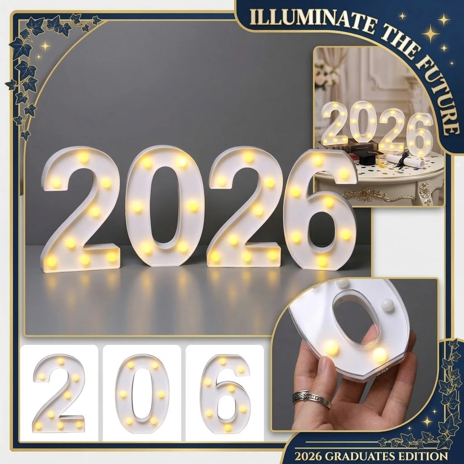 2026 Graduate 22cm LED Luminated Digital Letter Signboard Desktop Ornament Party New Year DIY Light Scene Decorative Props Qme