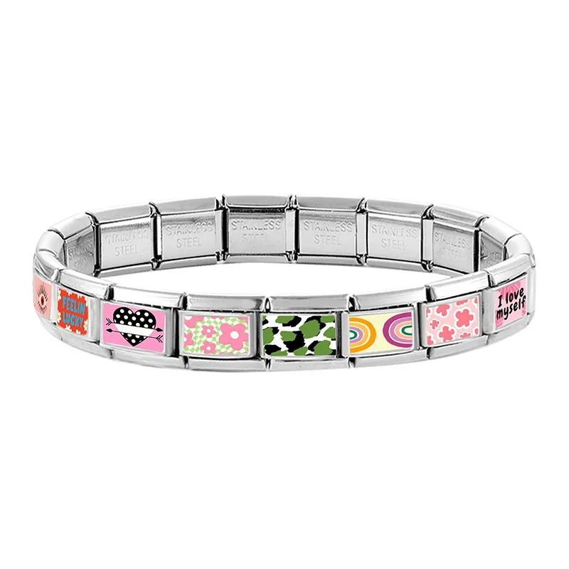Y2K Wholesale Love Heart I love myself Flowers Italian Charm Link Fit 9mm Stainless Steel Jewelry DIY Making Women Bracelet Gift Qme