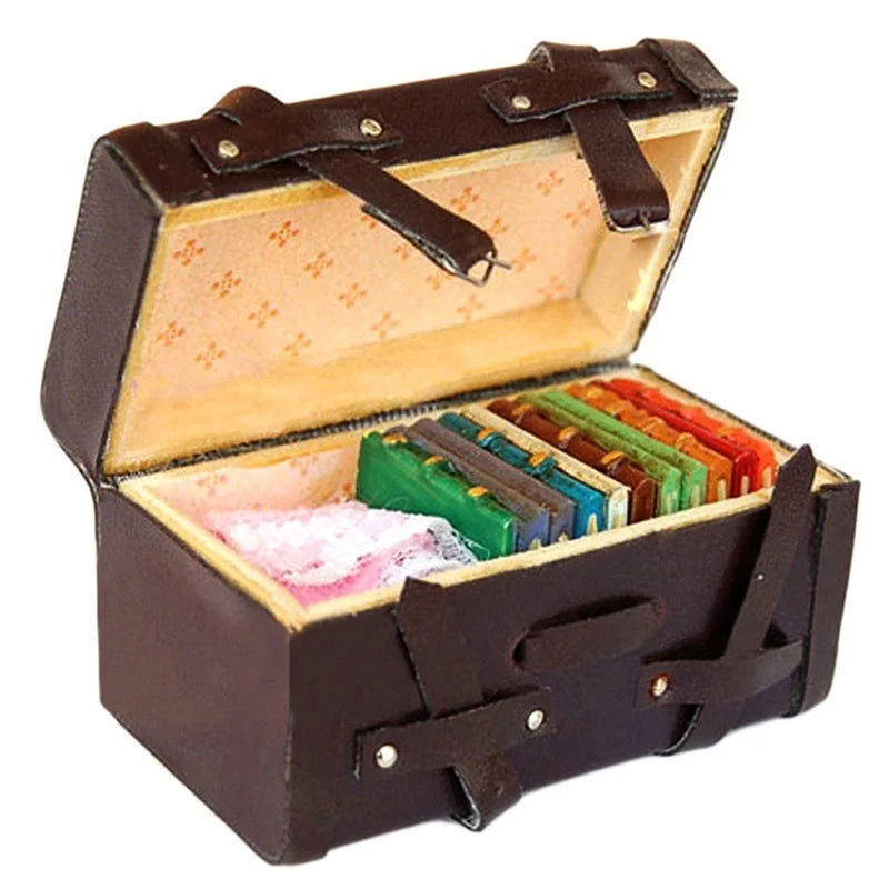 1 12 Dollhouse Miniature Vintage Leather Wood Suitcase Mini Luggage Qme
