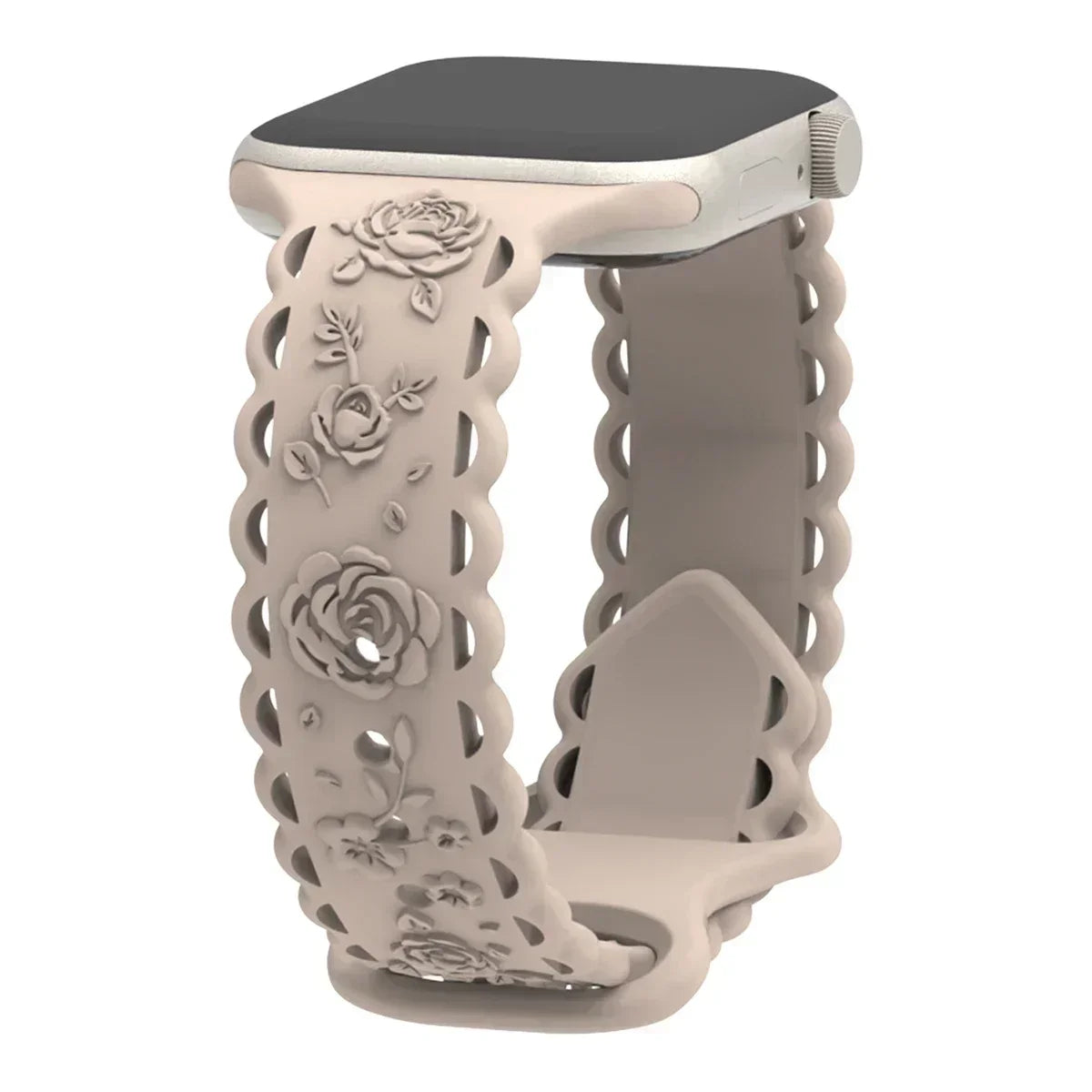 Engraved Floral Strap for Apple Watch Ultra2 49mm 45 44 42 41 40mm 38mm Silicone Band for IWatch Series 9/8/7/6/5/4/3/2/SE Ultra Qme Milk Tea 02 42mm 44mm 45mm 49mm