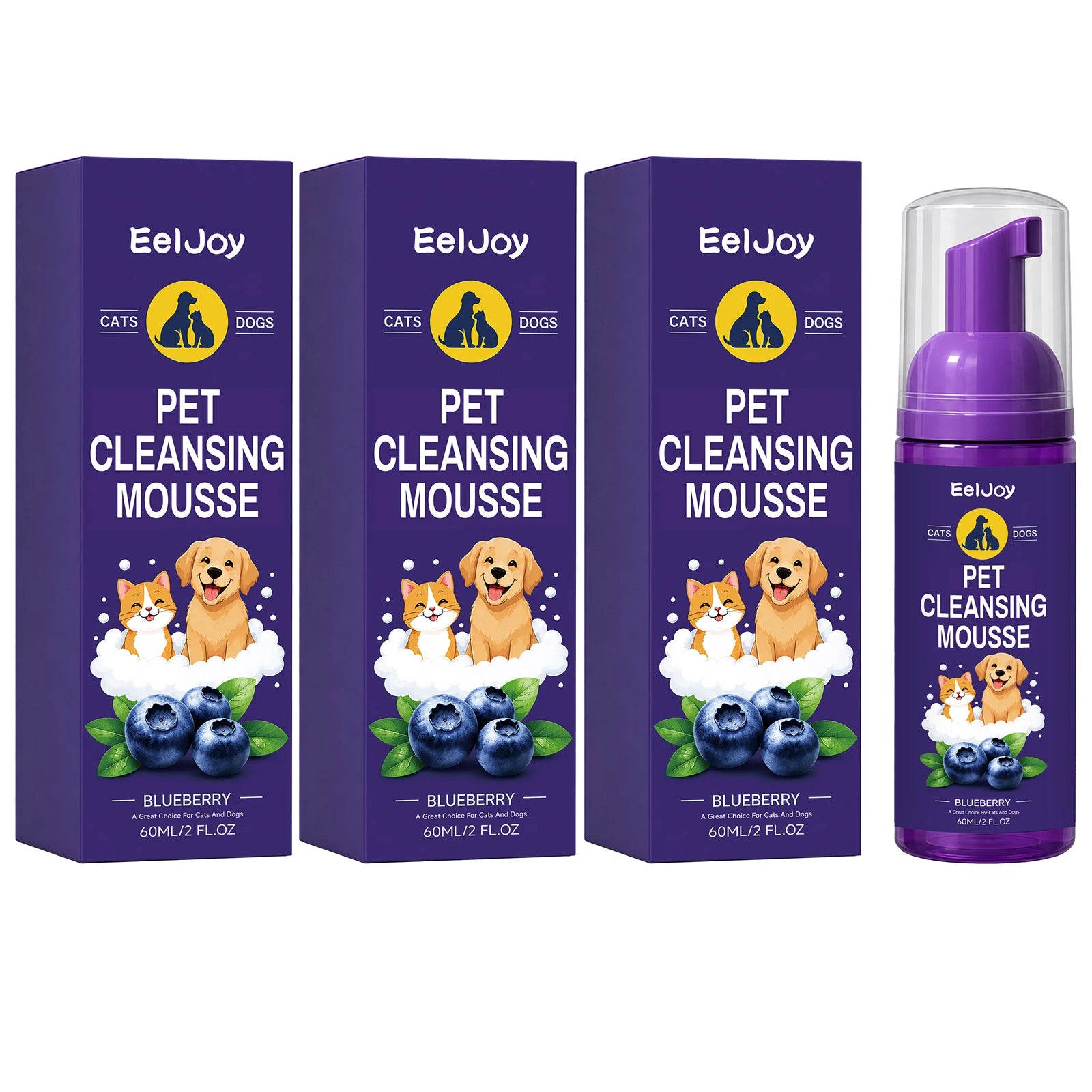Pet Cleansing Mousse Gentle Removing Dirt Soothing Skin Reducing Odors Long Lasting Fragrance Waterless Dog & Cat Shampoo Foam Qme 3 x 60ML Boxed