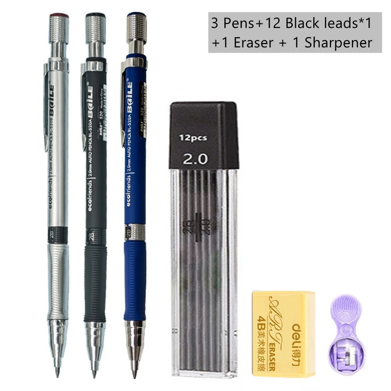 Mechanical Pencil Set 2.0 mm with 2B Black/Colors Lead Refill For Writing Sketching Art Drawing Painting School Automatic Pencil Qme Black Pencil set A