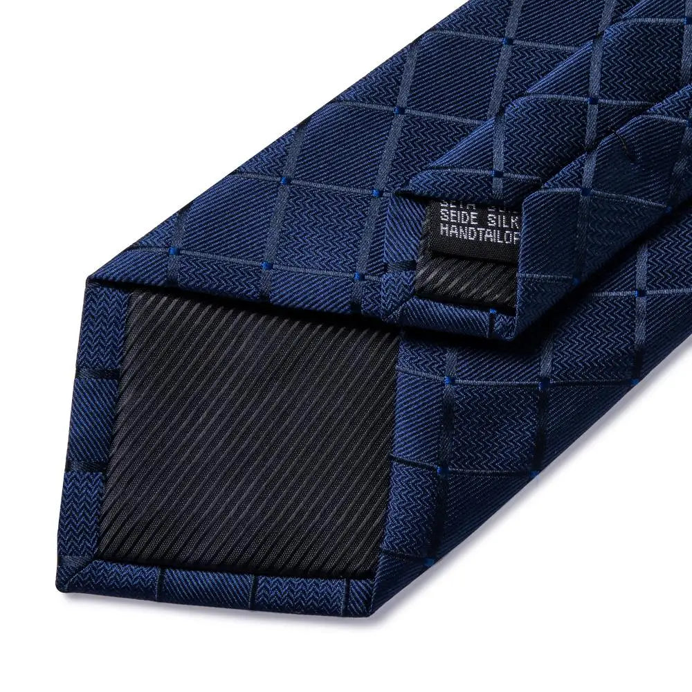 Mens Necktie Luxury Navy Blue Plaid Silk Business Tie Pocket Square Qme