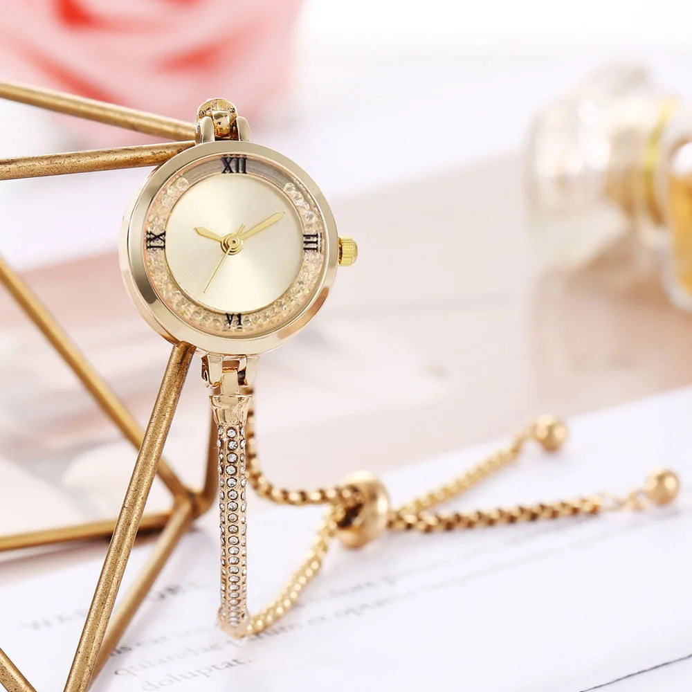 Moda feminina relógio pulseira fina feminino analógico relógios de quartzo relógio relojes Qme Gold