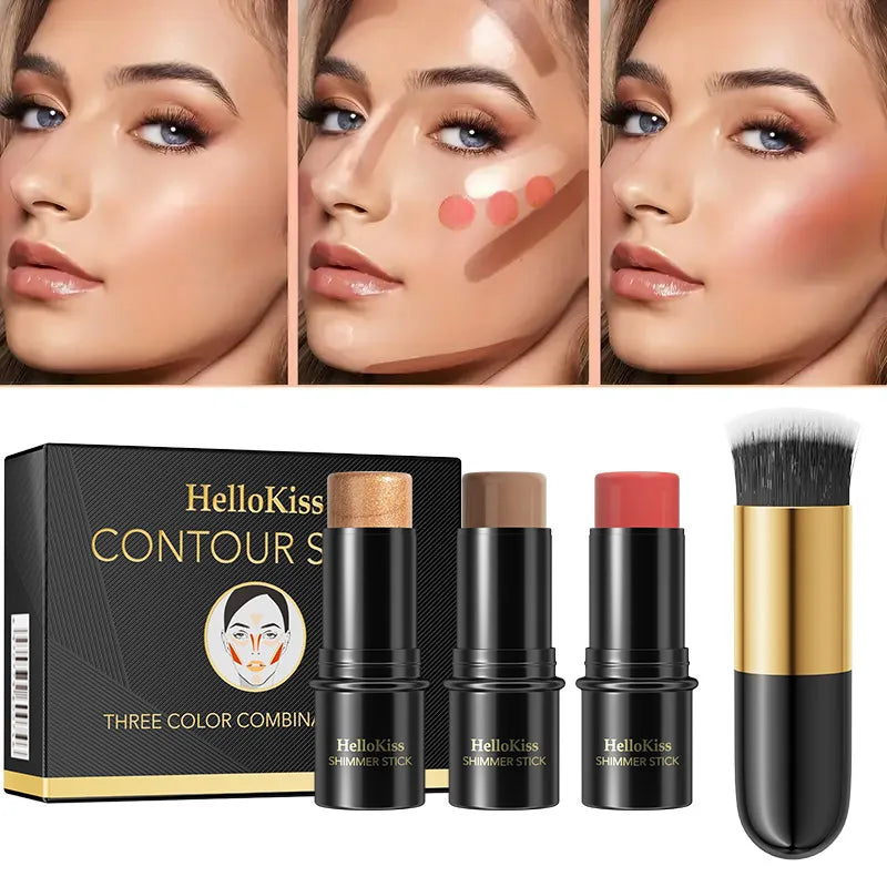 4pcs Contour Stick, Highlighter Stick, Blush Stick 4pcs Cream Contour Kit with Contour Brush, Create Face Contour, Non-greasy Qme