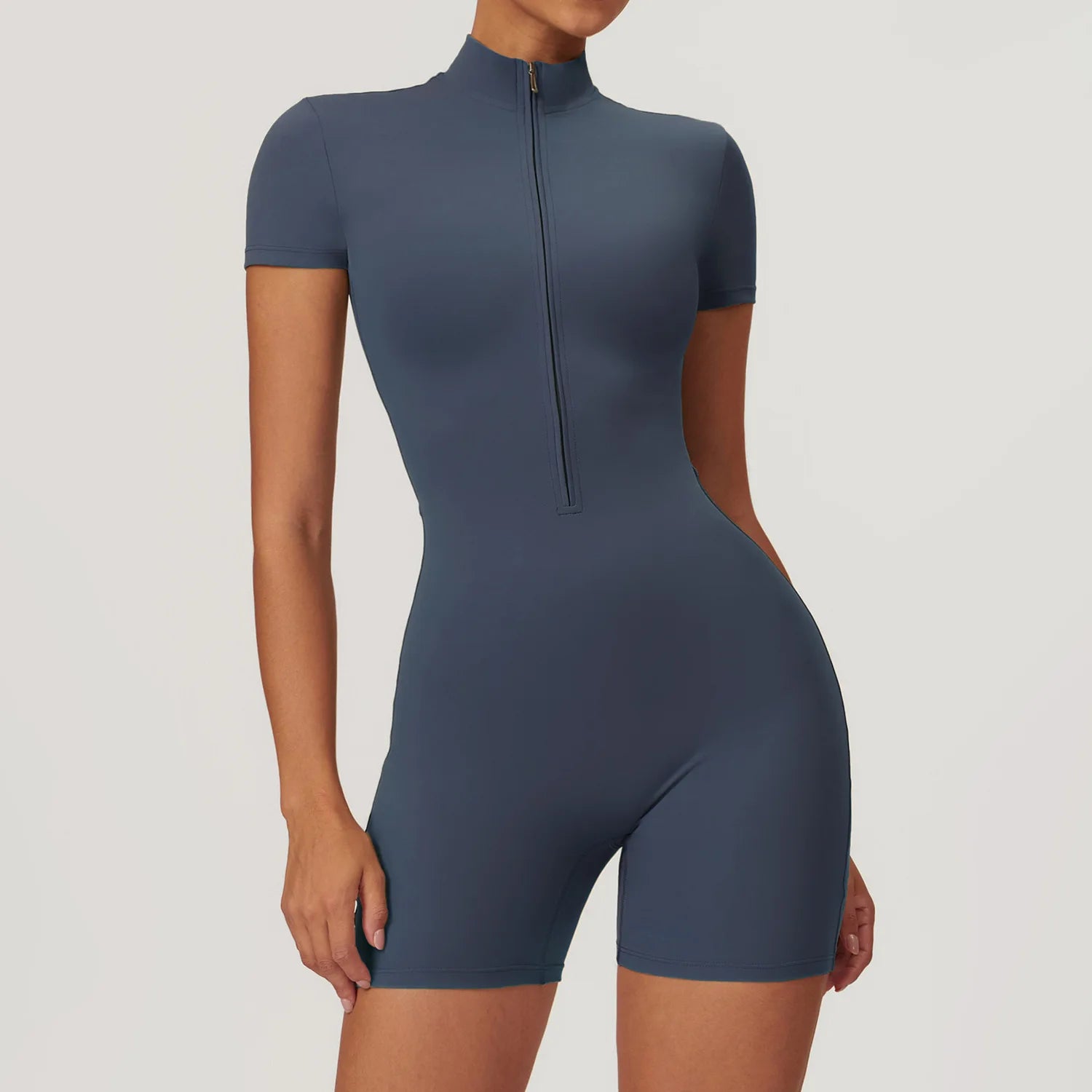 B European And American Nude One-piece Yyoga Suit With Stand Up Collar Half Zzipper Short Sleeved Fitness Jumpsuit Tight fitting Qme dark blue S