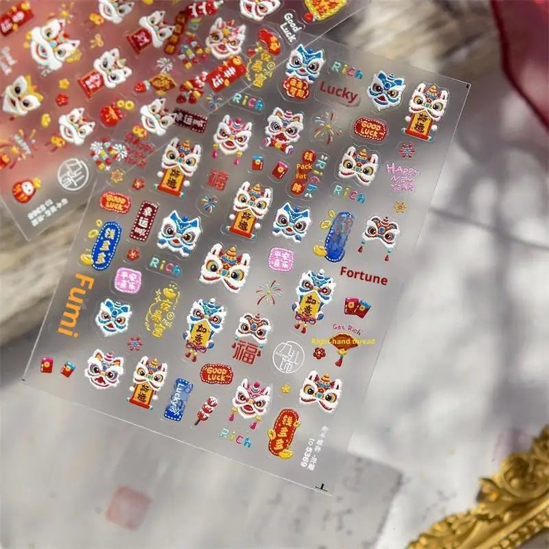 Cute Chinese Year Horse Lion Dance Bow Nail Art Print Stickers Lucky Qme A1