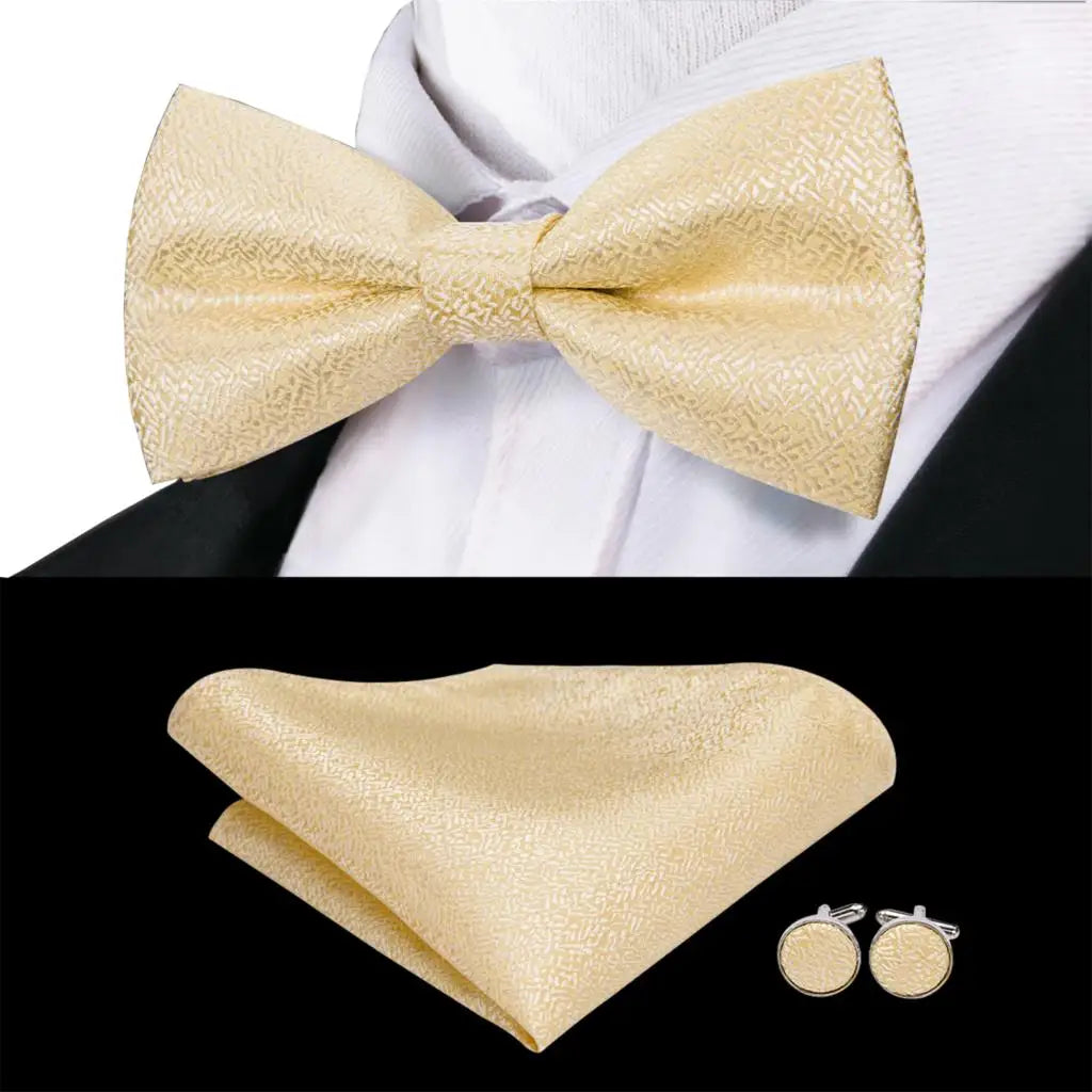 Beige Champagne Gold Mens Bow Tie Hanky Cufflinks Set Jacquard Floral Pre Tied Butterfly Bowtie for Male Wedding silk Business Qme LDLH0771