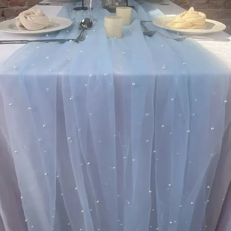 80x200cm Pearl Gauze Decorative Table Flag Beaded Net Gauze Wedding Table Flag Curtain Party Tablecloth Background Decoration Qme 80x200cm Blue