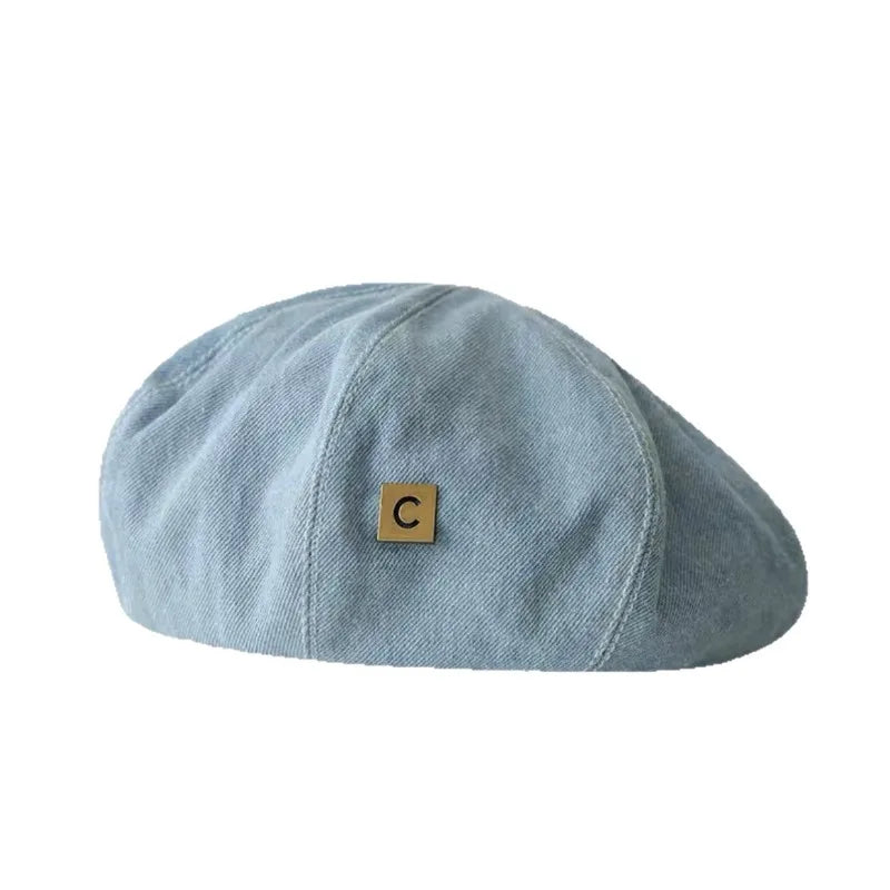 Vintage C-logo Painter's Hat Sweet Student Beret Denim Retro Cap Qme