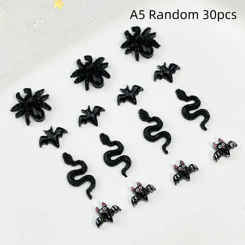 Halloween Nail Art Decorations Black Bat Spider Design Autumn Charms Qme A5 30pcs
