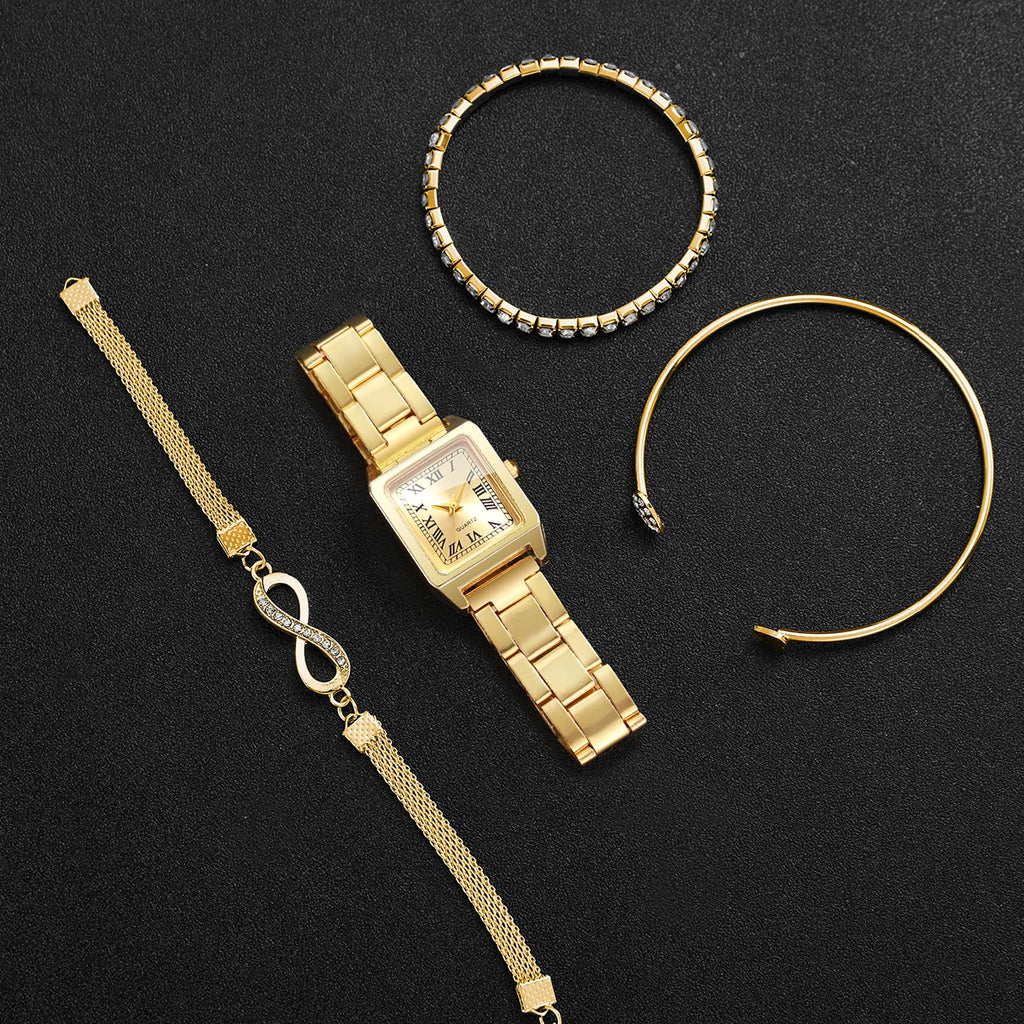 Luxury Gold Tone Women Watch Set Roman Numeral Square Dial Quartz Wristwatch with 3pcs Crystal Bracelets Female Jewelry Gift Set Qme