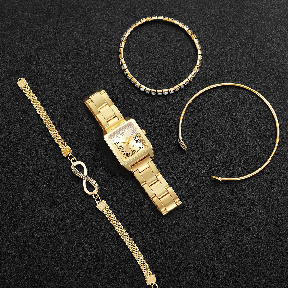 Luxury Gold Tone Women Watch Set Roman Numeral Square Dial Quartz Wristwatch with 3pcs Crystal Bracelets Female Jewelry Gift Set Qme