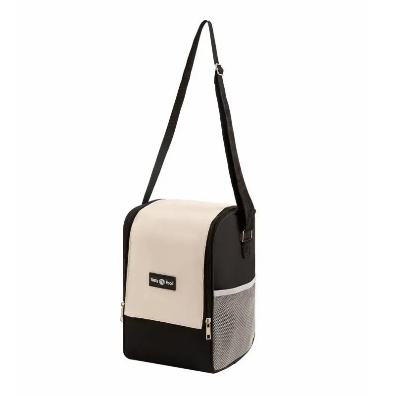 Double Pull Insulation Bag Large Capacity Lunch Ice Shoulder Strap Qme Black