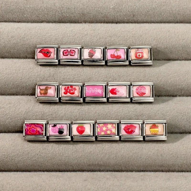 2026 Wholesale Fit 9mm Cute Pink Red Lip Yellow Stars Love Heart Italian Charm Stainless Steel Link Making DIY Jewelry Bracelets Qme
