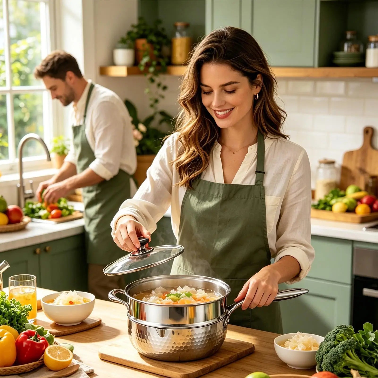 Stainless Steel Pot Non-stick Lid Handle Pour Spout Cooking Steamer Qme
