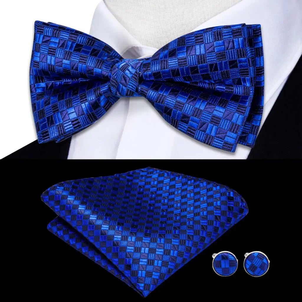Navy Royal Sky Blue Silk Mens Bow Tie Hankerchief Cufflinks Pre-tied Qme LDLH0758