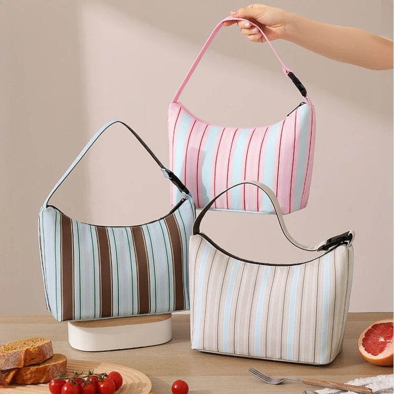 A Handheld Crossbody Striped Cooler Lunch Box Bag Lightweight Waterproof Reusable Bento Bag Outdoor Travel Picnic Food Carrier Qme