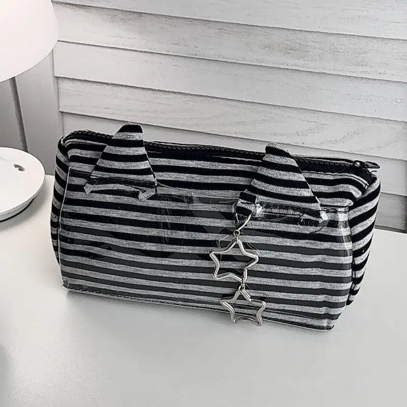 Striped Devil Horn Pencil Case Wear Resistant Large Capacity Portable Qme A1