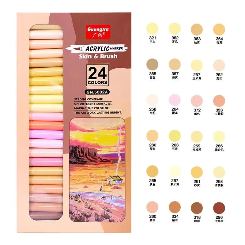 GN Acrylic Paint Pens Skin Tones Assorted Color Series Markers Set, Brush Tip, for Rock Painting, Glass, Non Toxic,Quick Drying Qme 24 colors