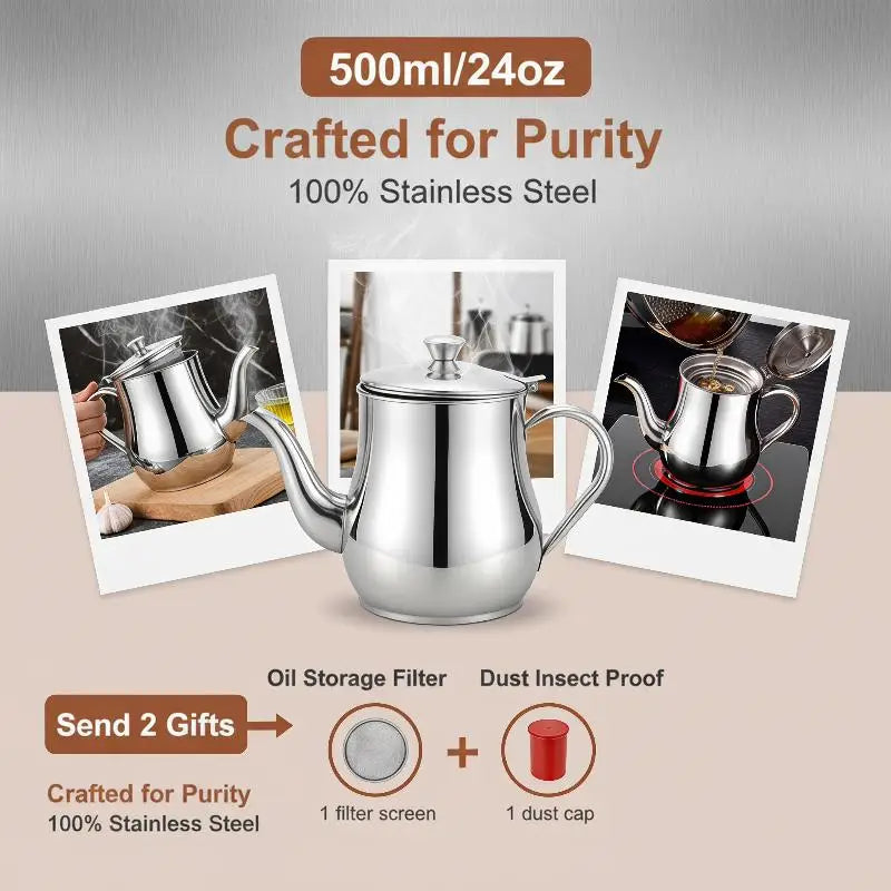Stainless Steel Oil Storage Pot BPA Dustproof Filter Fine Mesh Qme