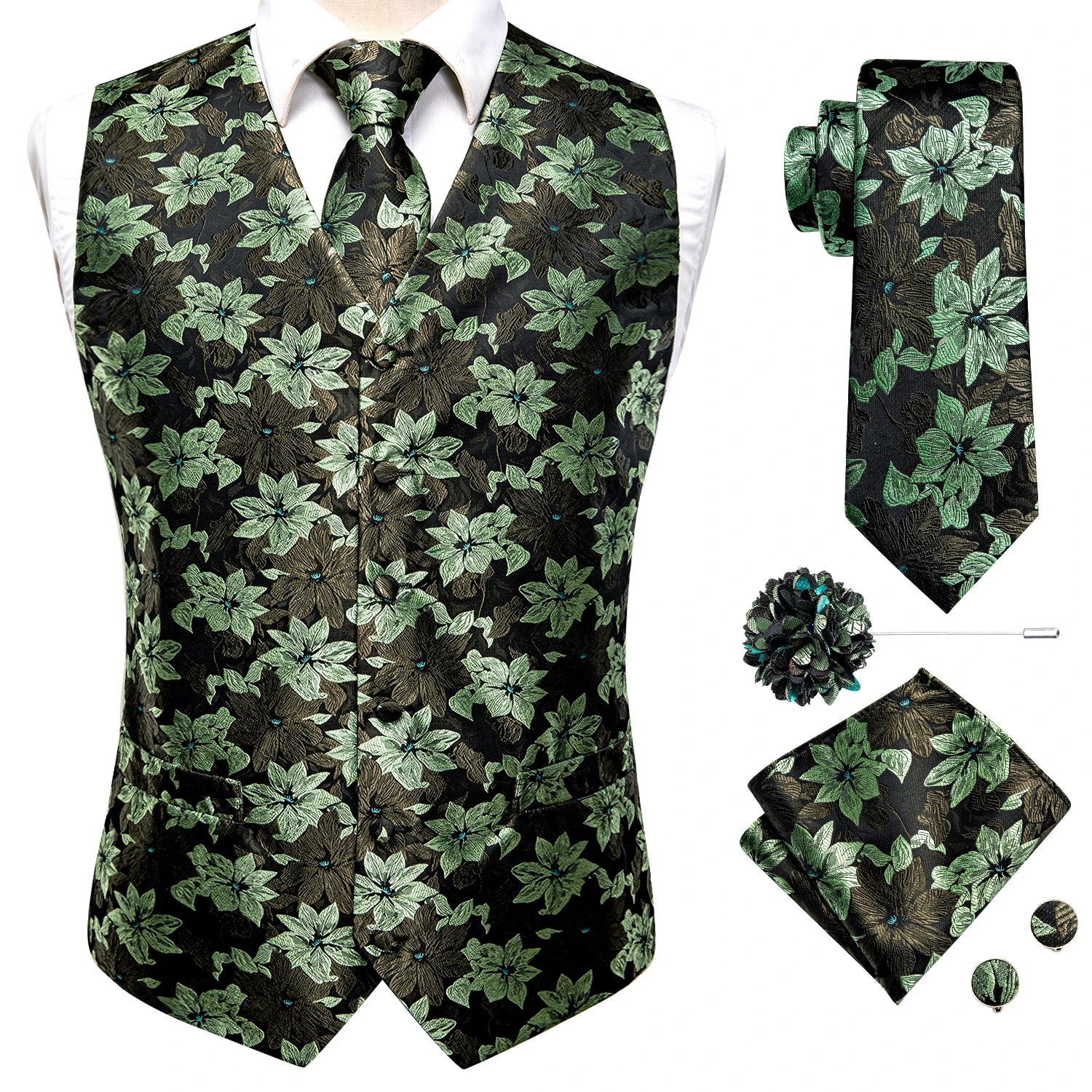 Hi-Tie Silk Mens Suit Vests 4PC Woven Paisley Champagne Waistcoat Tie Pocket Square Cufflink Business Wedding Dress Waist Jacket Qme MJ-0032 XL