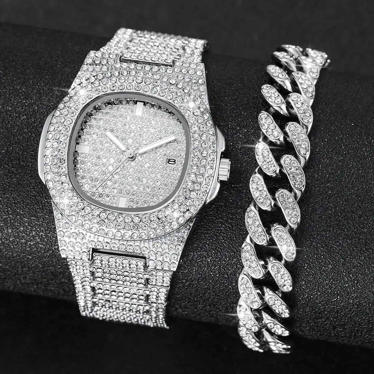 2PCS Fashion Hip Pop Men Calendar Watches Luxury Full Diamond Quartz Wristwatch Jewelry Set for Mens Clock Qme Silver No